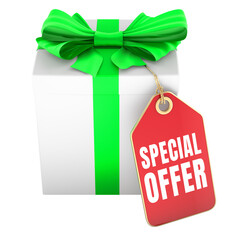 Special offer, gift box with red tag. 3D rendering