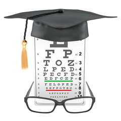 Vision test chart with graduation cap and glasses. 3D rendering