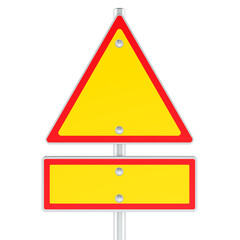 Traffic warning sign with yellow triangle and rectangular blank plate, red border. 3D rendering