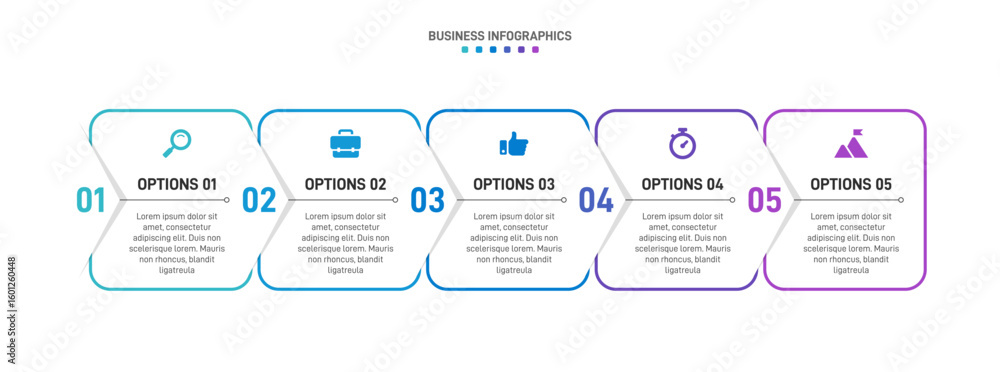 Aufkleber progress bar featuring 5 arrow-shaped elements, symbolizing the five stages of business strategy and