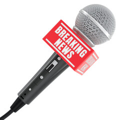 Breaking News, concept. Black microphone with red breaking news label. 3D rendering