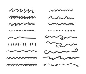 Chalk lines, charcoal highlight strokes doodle set. Pencil underlines, kids crayon strips, brush line in sketch style. Grunge texture.