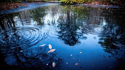 Ripples on a dark water surface reflecting trees.