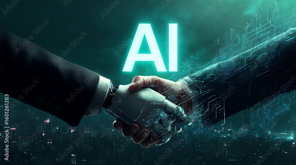 Poster artificial intelligence partnership a futuristic handshake symbolizing collaboration between humans 