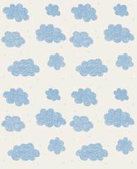 Crayon drawn cute clouds stars in kid's style. Pencil or charcoal drawings childish icons isolated on white. Hand drawn various cloud. Doodle vector symbols