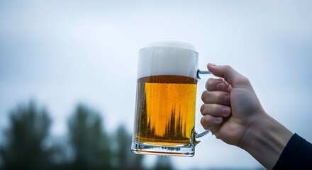 Hand holding a full mug of light beer against the sky. Banner template for St. Patrick's Day, beer parties, Oktoberfest and beer factory advertising with space for text