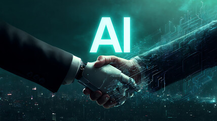 Artificial intelligence partnership a futuristic handshake symbolizing collaboration between humans and advanced ai technology