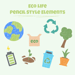 Eco icons hand drawn with chalk. Planet Earth, plant, tree, recycling sign, trash can, battery, eco bag, sprout, potted plant