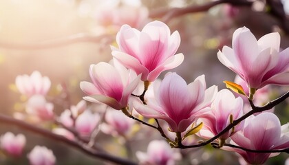 elegant and delicate magnolia flowers blossoming on tree branches in a lush vibrant spring nature scene soft fragrant and romantic floral backdrop