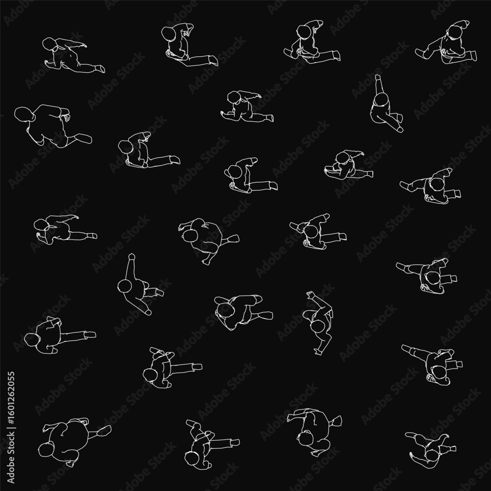 Poster a line of people running in various poses, from sprinting to jogging, against a black background wit