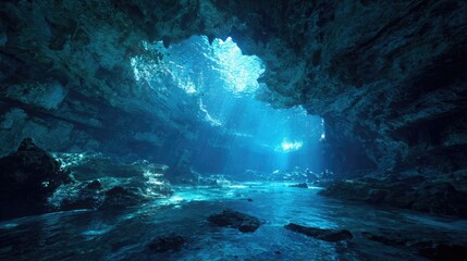 Underwater cave, light streams in