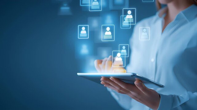 Businesswoman using a digital tablet with floating holographic user icons representing data or profile access. Concept of HR technology, recruitment and digital identity management
 - Powered by Adobe