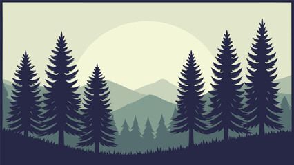 Obraz premium Silhouette of evergreen trees against a hazy mountain landscape and large sun
