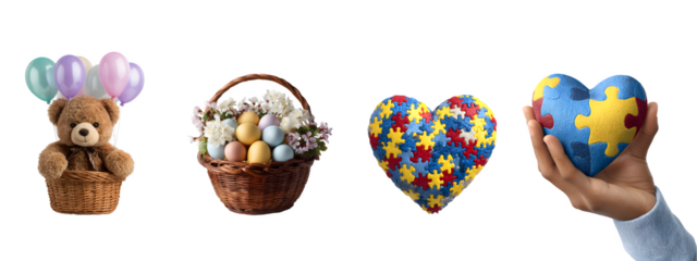 Four easter decorations including a teddy bear basket and heart made of puzzle pieces colored and colorful eggs isolated on transparent background