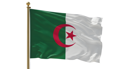 A vibrant depiction of the Algerian flag waving in the wind, symbolizing national pride against a clear blue sky