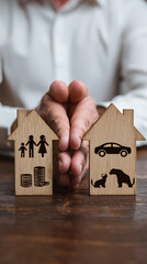 Wooden house shapes with family car and pet icons protected by hands family icon car icon