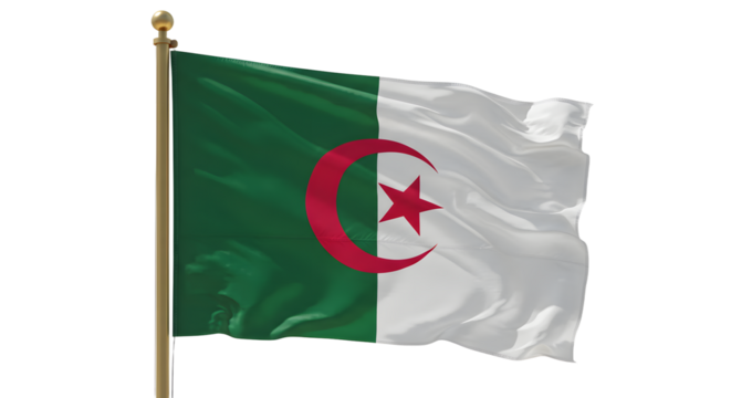 A vibrant depiction of the Algerian flag waving in the wind, symbolizing national pride against a clear blue sky - Powered by Adobe