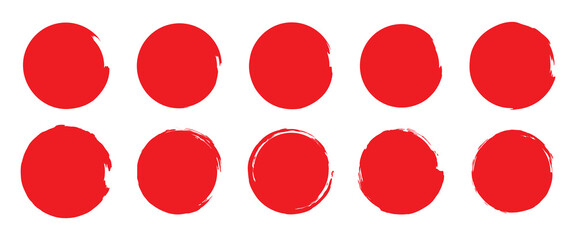 Red grunge circles shapes, grunge round shapes. Paint brush stamp collection. Vector red brush circle. Red grunge circle stamp. Vector illustration. EPS 10