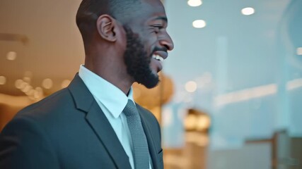 Smiling African American businessman using a digital tablet in a modern, elegant office lobby. Concept of success, technology in business and professional confidence
 - Powered by Adobe