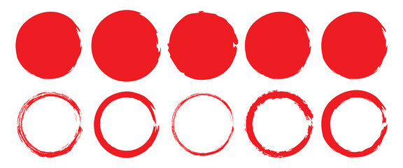 Red grunge circles shapes, grunge round shapes. Paint brush stamp collection. Vector red brush circle. Red grunge circle stamp. Vector illustration. EPS 10