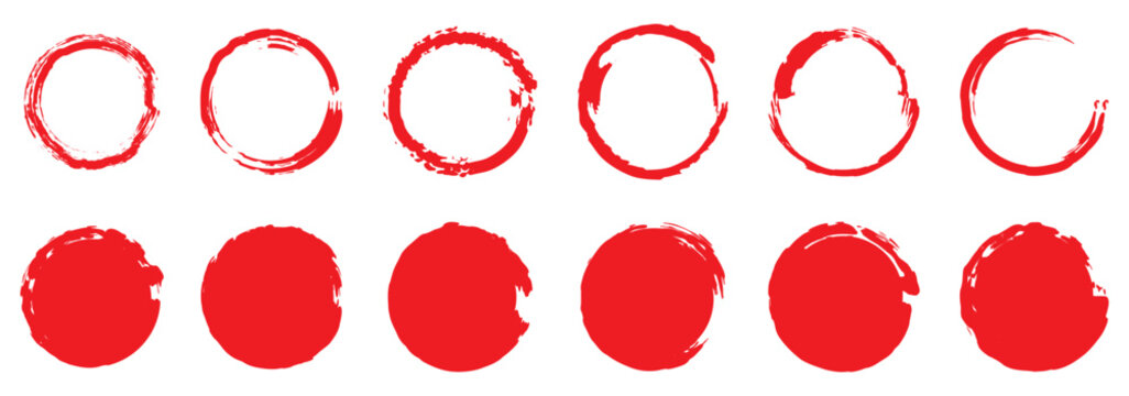 Brush red stroke circle japan sun frame. Hand drawn rough scribble texture effect red circle. Brush circles. grunge circles.