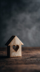 Wooden house with heart cutout on rustic table home love
