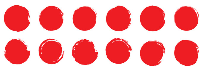 Grunge circles brush set. red circle frames. Round line of red paint. Grunge round shapes. Circular ink brush stroke pro design elements. Vector illustration.