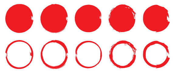 Grunge circles brush set. red circle frames. Round line of red paint. Grunge round shapes. Circular ink brush stroke pro design elements. Vector illustration.