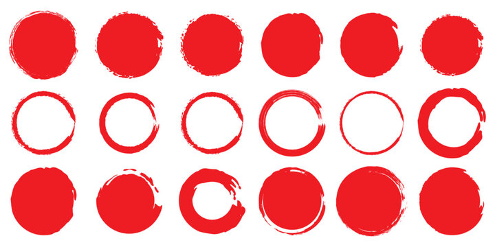 Grunge circles brush set. red circle frames. Round line of red paint. Grunge round shapes. Circular ink brush stroke pro design elements. Vector illustration.