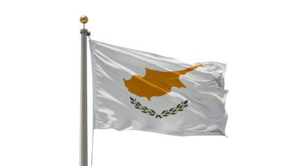 A vibrant flag of Cyprus waving in the wind, showcasing the island's map and olive branches, symbolizing peace