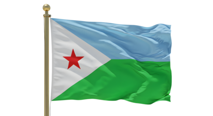 A vibrant flag of Djibouti waving in the wind, showcasing its blue, green, and white colors with a prominent red star