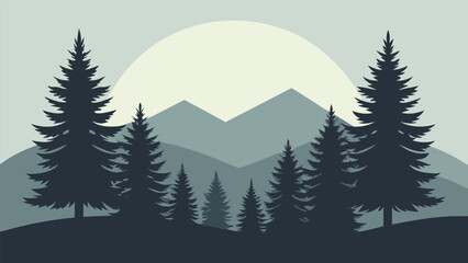 Fototapeta premium Silhouette of pine trees against a hazy mountain landscape and sun