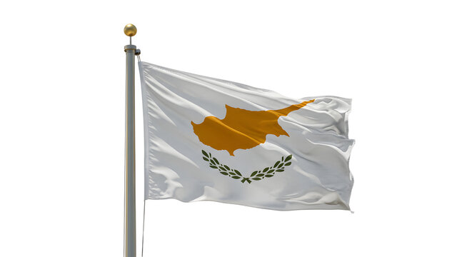 A vibrant flag of Cyprus waving in the wind, showcasing the island's map and olive branches, symbolizing peace