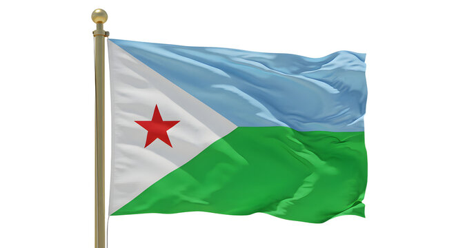 A vibrant flag of Djibouti waving in the wind, showcasing its blue, green, and white colors with a prominent red star
