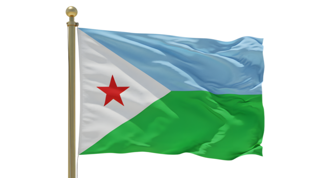 A vibrant flag of Djibouti waving in the wind, showcasing its blue, green, and white colors with a prominent red star