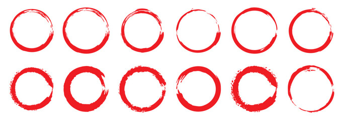 Set of red grunge circles shapes, grunge round shapes. Paint brush stamp collection. Vector brush circle. Red grunge circle stamp.