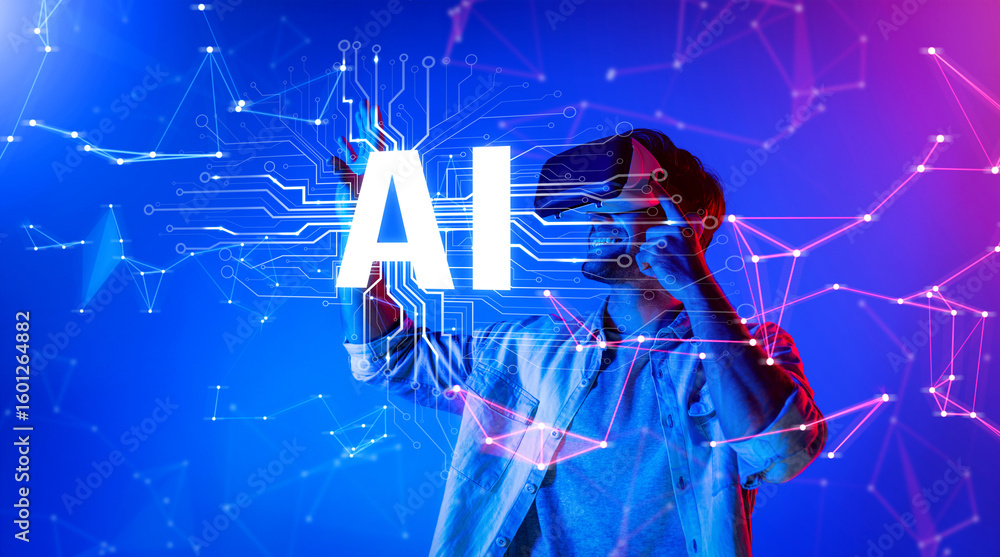 Poster a person engages with virtual reality in a vibrant digital environment, emphasizing the transformati
