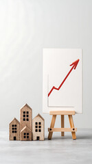 Wooden houses and upward trending graph on easel miniature houses growth chart