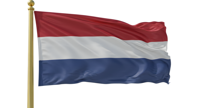 A vibrant flag of the Netherlands waving in the breeze against a clear blue sky, symbolizing national pride and heritage