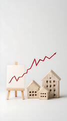 Wooden houses and upward trending graph on easel real estate housing market