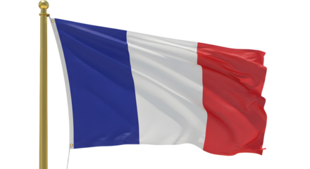 A vibrant French flag waving in the breeze against a clear blue sky, symbolizing national pride and unity