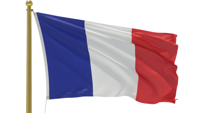 A vibrant French flag waving in the breeze against a clear blue sky, symbolizing national pride and unity