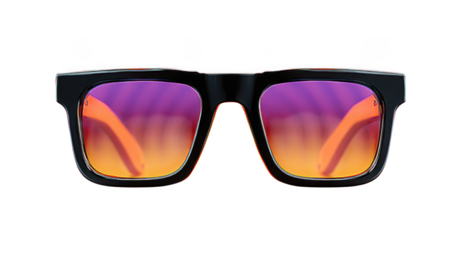 Stylish black framed sunglasses with vibrant purple and orange mirrored lenses isolated on transparent background