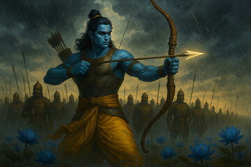 Fototapeta premium Mythological Hero Rama with Bow and Arrow Amidst Warriors
