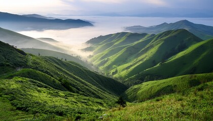 Obraz premium smooth mountain slopes rise gently into a misty atmosphere creating a calm and tranquil environment lush greenery blankets the landscape inviting exploration and reflection