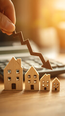 Wooden houses with downward arrow and calculator real estate housing market