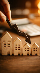 Wooden houses with downward trending arrow indicating financial decline real estate housing market
