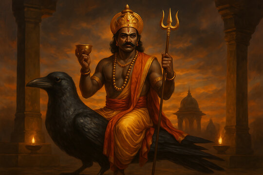 Mystical Shani Dev Riding Crow with Trident and Offering Bowl