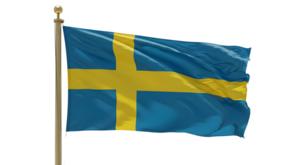 A vibrant Swedish flag waving in the wind, symbolizing national pride against a clear blue sky backdrop