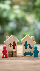 Wooden houses with family dog car and coins representing financial planning image